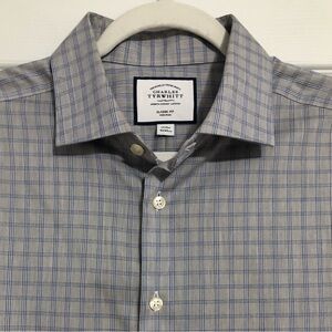 Charles‎ Tyrwhitt classic fit non iron men’s button down 17 35 grey blue plaid